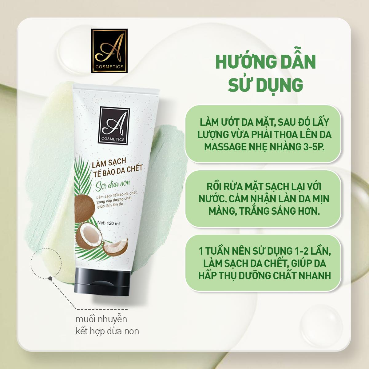 hướng dẫn sử dụng tẩy da chết sợi dừa non a cosmetics
