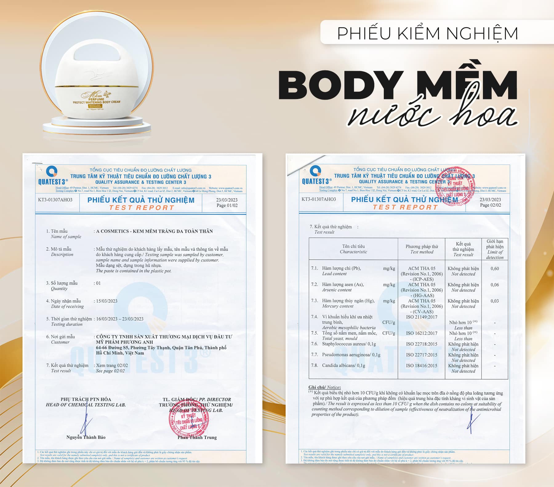 phiếu kiểm nghiệm sản phẩm của kem body mềm a cosmetics