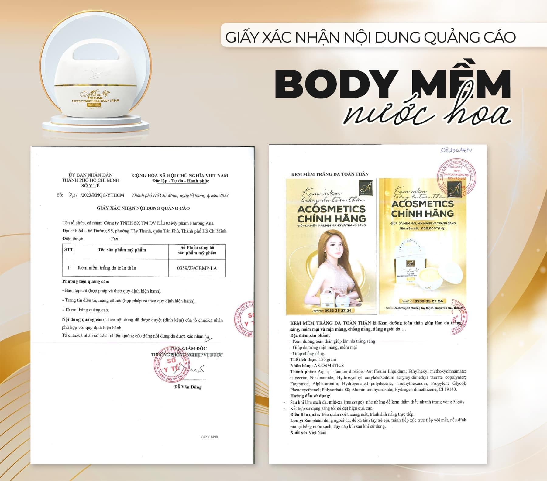 giấy xác nhận nội dung quảng cáo của kem body mềm nước hoa