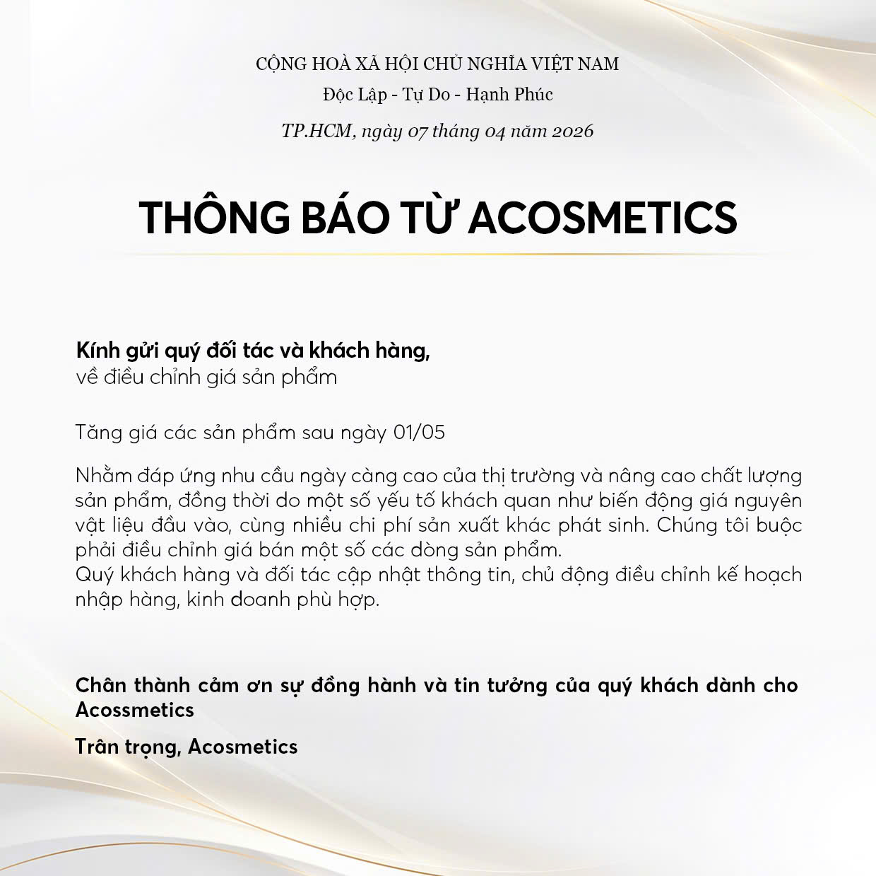 thông báo tăng giá mỹ phẩm phương anh a cosmetics